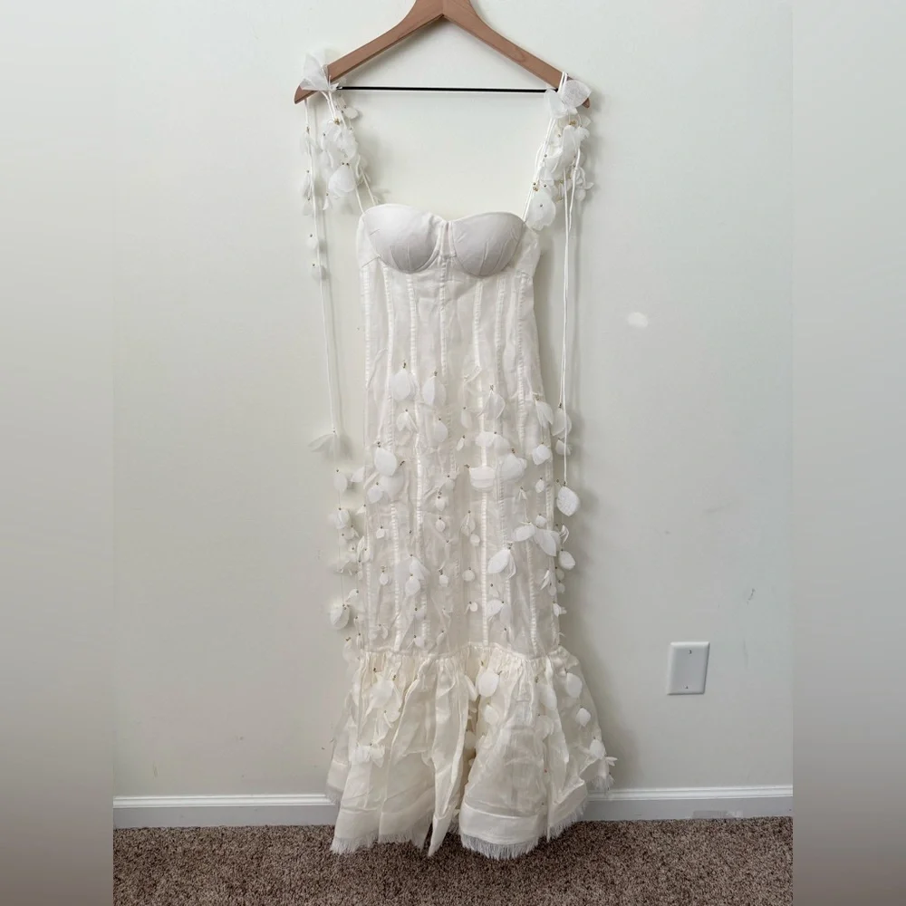 NWT ZIMMERMANN Petal Appliqué Linen Silk Corset Gown White Midi Dress Size 1 - Picture 7 of 16